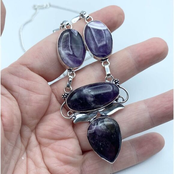 Banded Amethyst Silver Necklace Boho - Picture 3 of 4